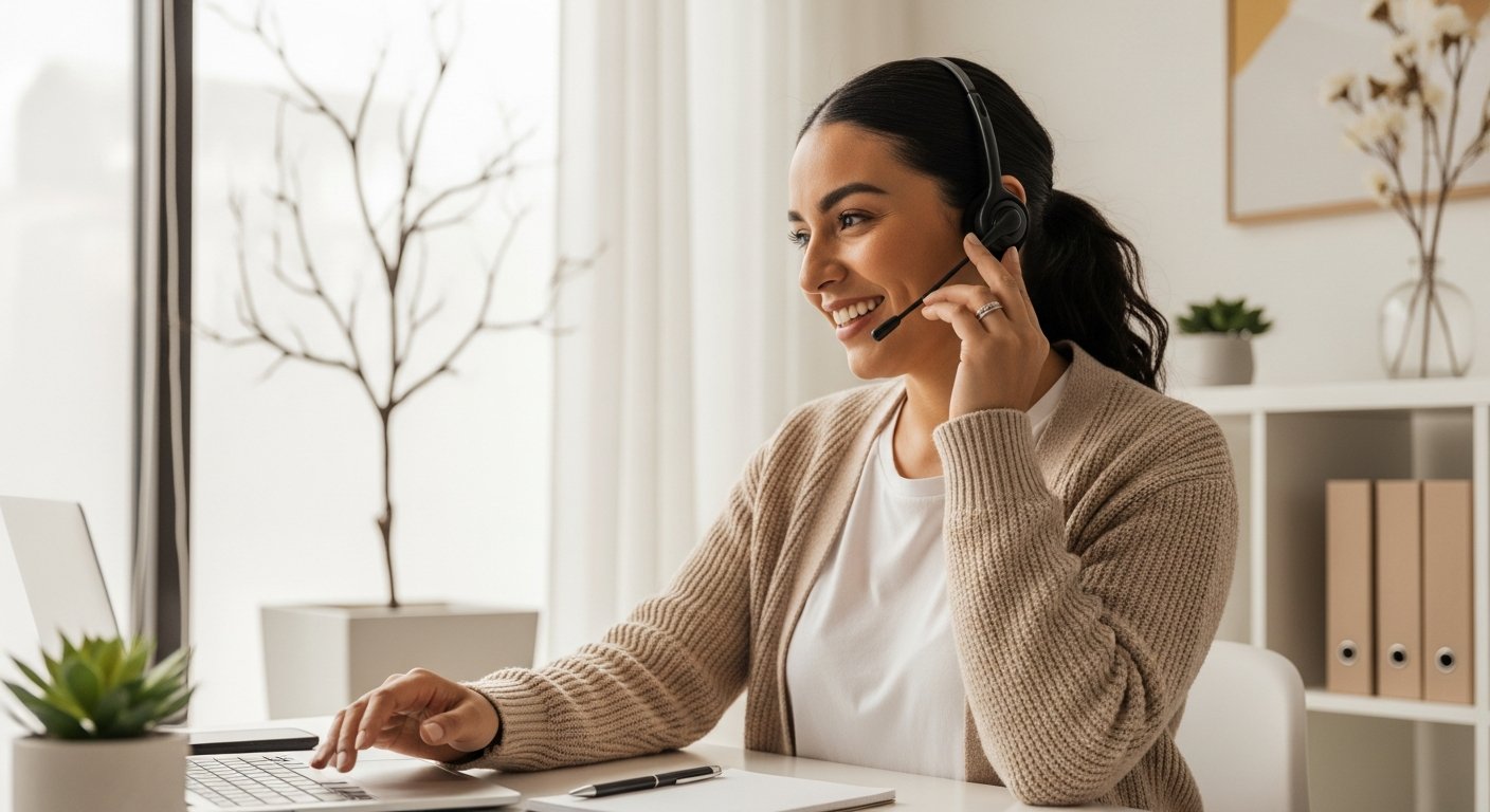 Customer service representative wearing a headset while working at a laptop