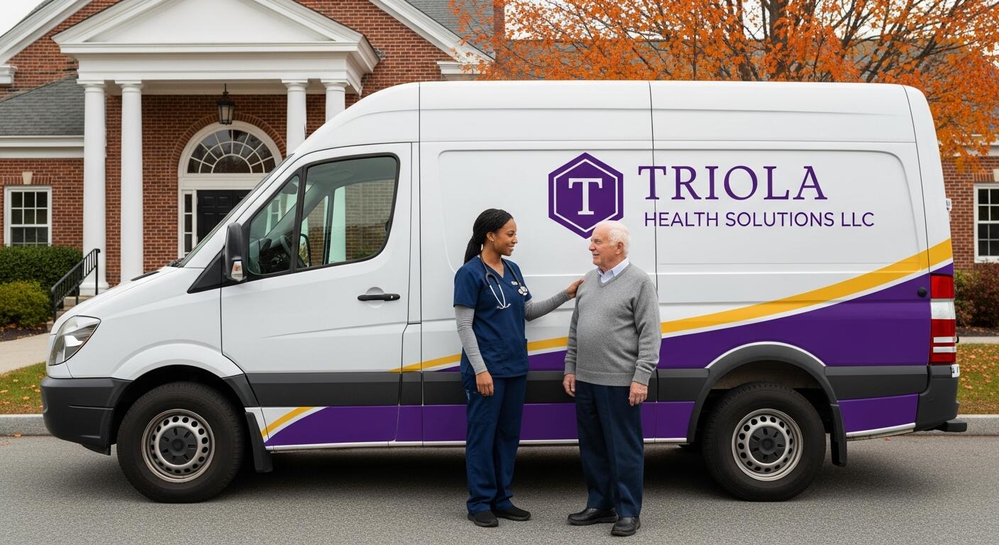 Caregiver assisting a patient beside a Triola Health medical transport van at a Connecticut clinic