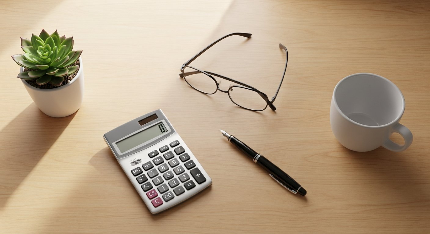 Calculator, pen, glasses, and coffee cup on a desk