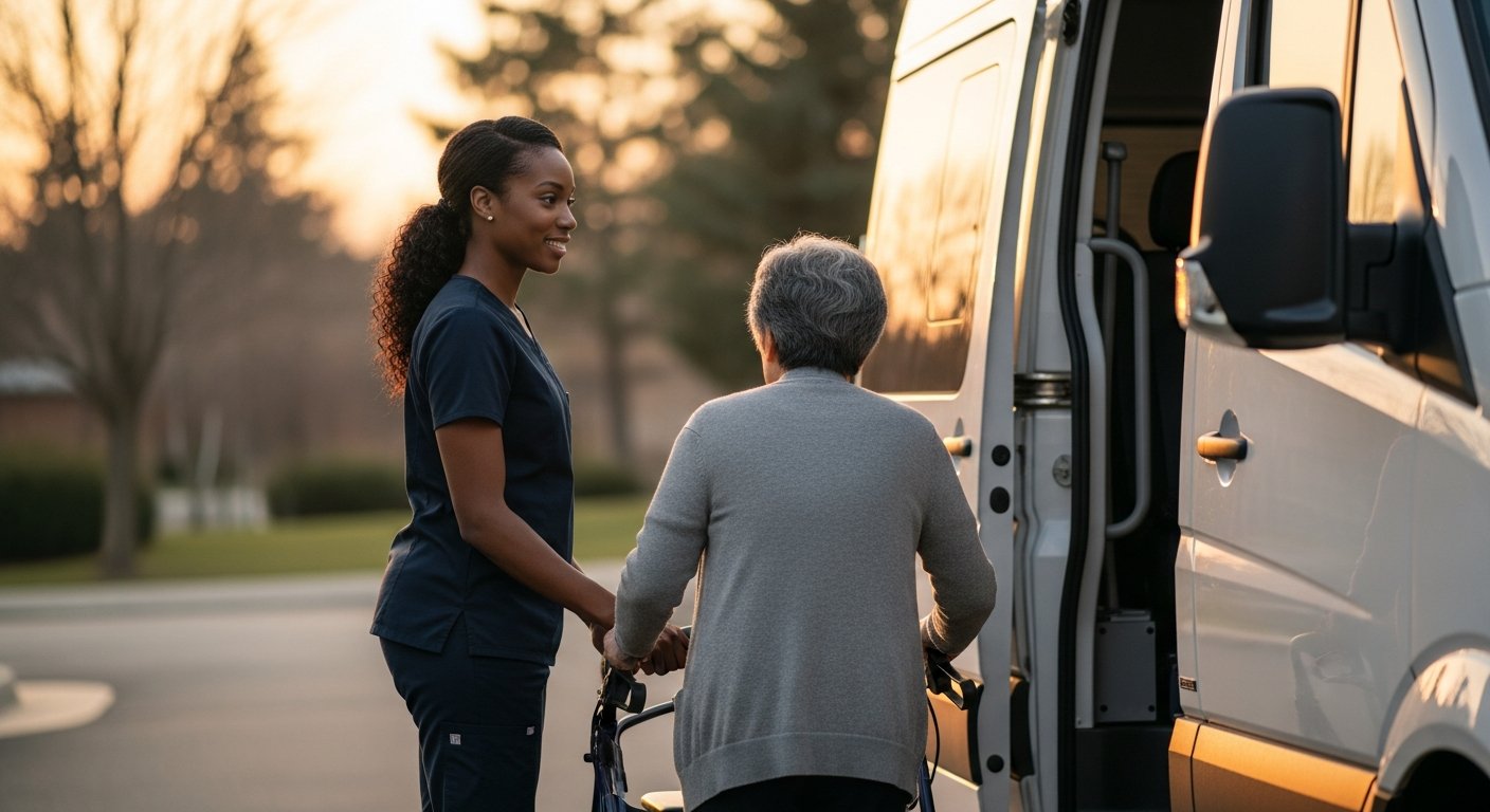 Caregiver assisting an older adult with a walker beside a passenger van