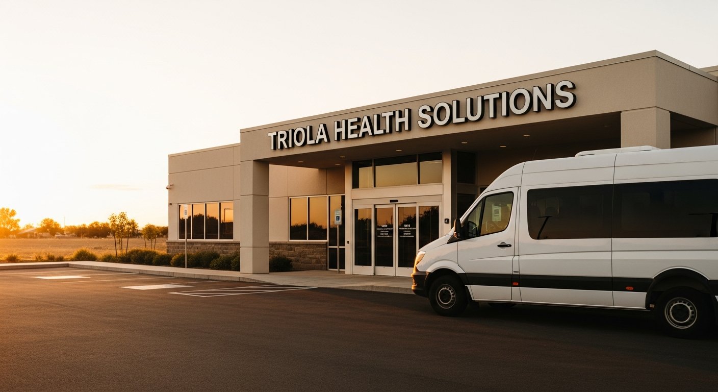 Passenger van outside a building displaying the Triola Health Solutions name