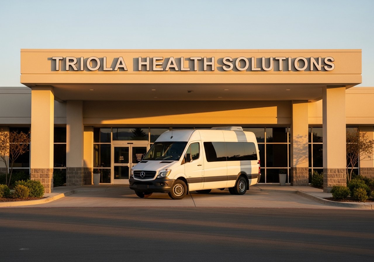Medical transportation van parked at an entrance marked Triola Health Solutions